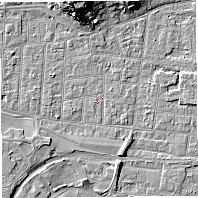 Shaded relief map of the ground around BS233BN, computed from Environment Agency LiDAR. The ground here sits at about 5 m above sea level and falls 17 m across the surrounding 800 m. Surface water reaching this point runs off ground lying to the north-north-west, 16.1 m higher.