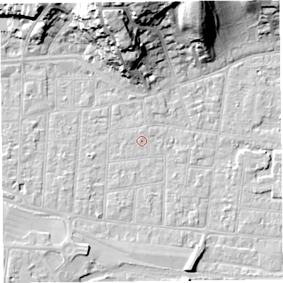 Shaded relief map of the ground around BS233BP, computed from Environment Agency LiDAR. The ground here sits at about 6 m above sea level and falls 25 m across the surrounding 800 m. Surface water reaching this point runs off ground lying to the north-west, 0.5 m higher.