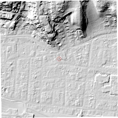 Shaded relief map of the ground around BS233BS, computed from Environment Agency LiDAR. The ground here sits at about 6 m above sea level and falls 31 m across the surrounding 800 m. Surface water reaching this point runs off ground lying to the north, 1.0 m higher.