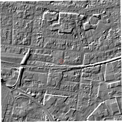 Shaded relief map of the ground around BS233BT, computed from Environment Agency LiDAR. The ground here sits at about 5 m above sea level and falls 6 m across the surrounding 800 m. Surface water reaching this point runs off ground lying to the south-south-west, 0.7 m higher.