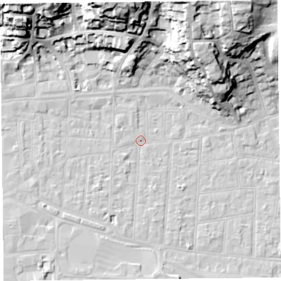 Shaded relief map of the ground around BS233BU, computed from Environment Agency LiDAR. The ground here sits at about 6 m above sea level and falls 31 m across the surrounding 800 m. Surface water reaching this point runs off ground lying to the north-north-west, 30.2 m higher.