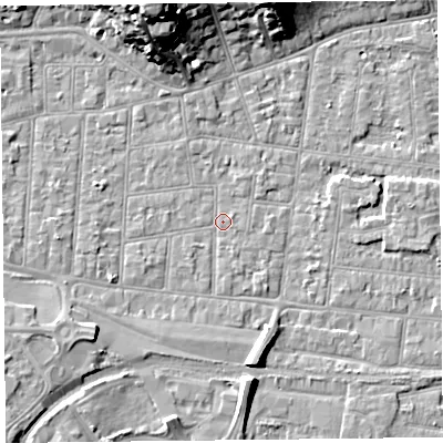 Shaded relief map of the ground around BS233BW, computed from Environment Agency LiDAR. The ground here sits at about 5 m above sea level and falls 21 m across the surrounding 800 m. Surface water reaching this point runs off ground lying to the north-north-west, 20.1 m higher.
