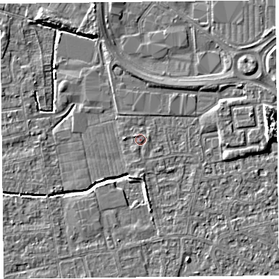 Shaded relief map of the ground around BS233BX, computed from Environment Agency LiDAR. The ground here sits at about 6 m above sea level and falls 7 m across the surrounding 800 m. Surface water reaching this point runs off ground lying to the west-north-west, 1.1 m higher.