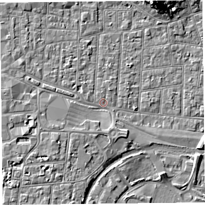 Shaded relief map of the ground around BS233BY, computed from Environment Agency LiDAR. The ground here sits at about 6 m above sea level and falls 10 m across the surrounding 800 m. Surface water reaching this point runs off ground lying to the south-east, 3.0 m higher.
