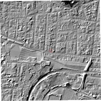 Shaded relief map of the ground around BS233BZ, computed from Environment Agency LiDAR. The ground here sits at about 6 m above sea level and falls 7 m across the surrounding 800 m. Surface water reaching this point runs off ground lying to the south-west, 1.8 m higher.