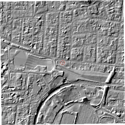 Shaded relief map of the ground around BS233DE, computed from Environment Agency LiDAR. The ground here sits at about 6 m above sea level and falls 6 m across the surrounding 800 m. Surface water reaching this point runs off ground lying to the west-south-west, 1.8 m higher.