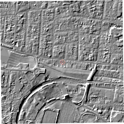 Shaded relief map of the ground around BS233DF, computed from Environment Agency LiDAR. The ground here sits at about 5 m above sea level and falls 6 m across the surrounding 800 m. Surface water reaching this point runs off ground lying to the east-south-east, 4.1 m higher.