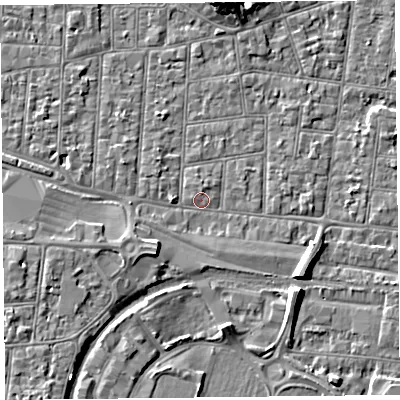 Shaded relief map of the ground around BS233DG, computed from Environment Agency LiDAR. The ground here sits at about 6 m above sea level and falls 7 m across the surrounding 800 m. Surface water reaching this point runs off ground lying to the east-south-east, 4.1 m higher.