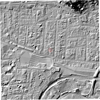 Shaded relief map of the ground around BS233DH, computed from Environment Agency LiDAR. The ground here sits at about 6 m above sea level and falls 14 m across the surrounding 800 m. Surface water reaching this point runs off ground lying to the north-north-east, 0.6 m higher.