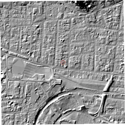 Shaded relief map of the ground around BS233DJ, computed from Environment Agency LiDAR. The ground here sits at about 6 m above sea level and falls 11 m across the surrounding 800 m. Surface water reaching this point runs off ground lying to the north-north-west, 0.8 m higher.