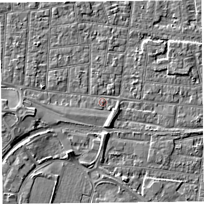 Shaded relief map of the ground around BS233DN, computed from Environment Agency LiDAR. The ground here sits at about 6 m above sea level and falls 6 m across the surrounding 800 m. Surface water reaching this point runs off ground lying to the south-south-east, 4.2 m higher.