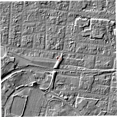 Shaded relief map of the ground around BS233DP, computed from Environment Agency LiDAR. The ground here sits at about 5 m above sea level and falls 6 m across the surrounding 800 m. Surface water reaching this point runs off ground lying to the south, 4.1 m higher.