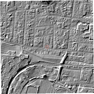 Shaded relief map of the ground around BS233DQ, computed from Environment Agency LiDAR. The ground here sits at about 5 m above sea level and falls 6 m across the surrounding 800 m. Surface water reaching this point runs off ground lying to the south-east, 4.1 m higher.