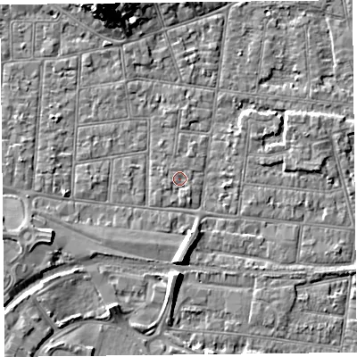 Shaded relief map of the ground around BS233DR, computed from Environment Agency LiDAR. The ground here sits at about 5 m above sea level and falls 12 m across the surrounding 800 m. Surface water reaching this point runs off ground lying to the south-south-east, 0.8 m higher.