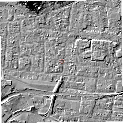 Shaded relief map of the ground around BS233DS, computed from Environment Agency LiDAR. The ground here sits at about 5 m above sea level and falls 13 m across the surrounding 800 m. Surface water reaching this point runs off ground lying to the south-south-west, 1.0 m higher.