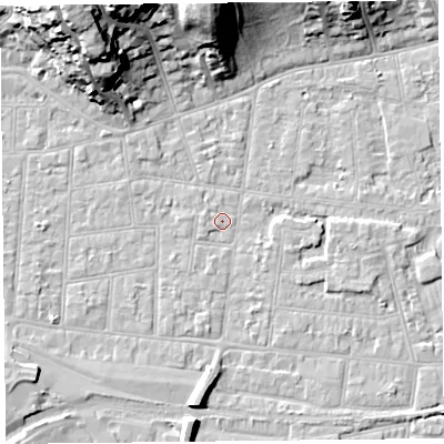 Shaded relief map of the ground around BS233DT, computed from Environment Agency LiDAR. The ground here sits at about 5 m above sea level and falls 24 m across the surrounding 800 m. Surface water reaching this point runs off ground lying to the west, 0.9 m higher.