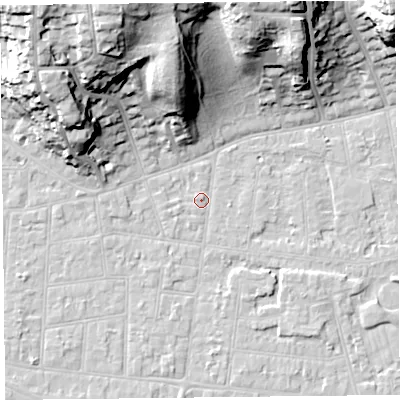 Shaded relief map of the ground around BS233DU, computed from Environment Agency LiDAR. The ground here sits at about 6 m above sea level and falls 32 m across the surrounding 800 m. Surface water reaching this point runs off ground lying to the north-north-west, 31.7 m higher.