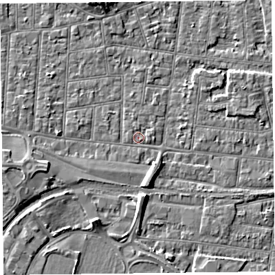 Shaded relief map of the ground around BS233DW, computed from Environment Agency LiDAR. The ground here sits at about 5 m above sea level and falls 6 m across the surrounding 800 m. Surface water reaching this point runs off ground lying to the south-south-east, 4.2 m higher.