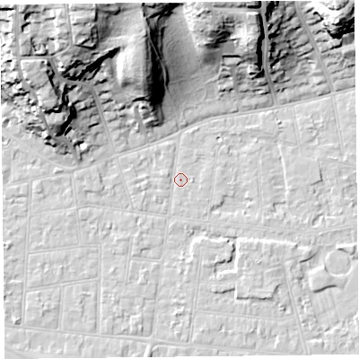Shaded relief map of the ground around BS233DX, computed from Environment Agency LiDAR. The ground here sits at about 5 m above sea level and falls 32 m across the surrounding 800 m. Surface water reaching this point runs off ground lying to the north-north-west, 31.4 m higher.