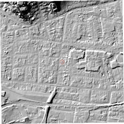 Shaded relief map of the ground around BS233DY, computed from Environment Agency LiDAR. The ground here sits at about 5 m above sea level and falls 21 m across the surrounding 800 m. Surface water reaching this point runs off ground lying to the north-west, 20.6 m higher.