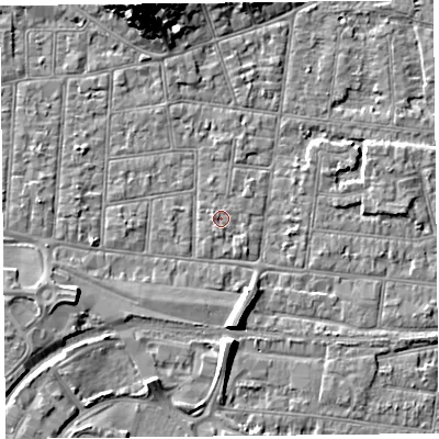 Shaded relief map of the ground around BS233DZ, computed from Environment Agency LiDAR. The ground here sits at about 5 m above sea level and falls 13 m across the surrounding 800 m. The ground contributing surface water to this point lies to the south.
