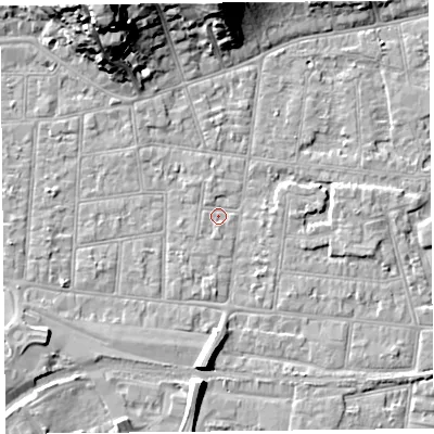 Shaded relief map of the ground around BS233EA, computed from Environment Agency LiDAR. The ground here sits at about 5 m above sea level and falls 21 m across the surrounding 800 m. Surface water reaching this point runs off ground lying to the north-north-west, 0.9 m higher.