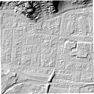 Shaded relief map of the ground around BS233EB, computed from Environment Agency LiDAR. The ground here sits at about 5 m above sea level and falls 22 m across the surrounding 800 m. Surface water reaching this point runs off ground lying to the north, 0.6 m higher.