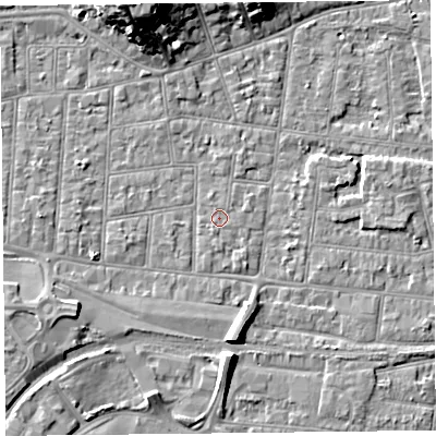Shaded relief map of the ground around BS233ED, computed from Environment Agency LiDAR. The ground here sits at about 5 m above sea level and falls 15 m across the surrounding 800 m. Surface water reaching this point runs off ground lying to the south-south-west, 0.7 m higher.