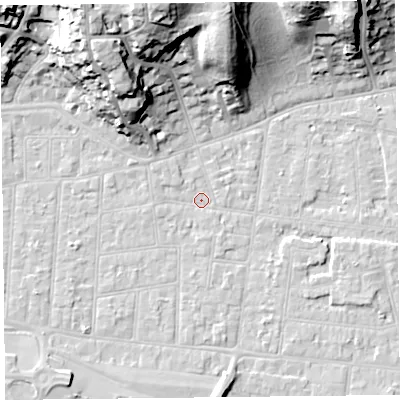 Shaded relief map of the ground around BS233EE, computed from Environment Agency LiDAR. The ground here sits at about 5 m above sea level and falls 29 m across the surrounding 800 m. Surface water reaching this point runs off ground lying to the north-west, 14.0 m higher.