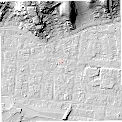 Shaded relief map of the ground around BS233EF, computed from Environment Agency LiDAR. The ground here sits at about 5 m above sea level and falls 28 m across the surrounding 800 m. Surface water reaching this point runs off ground lying to the north-north-west, 14.0 m higher.