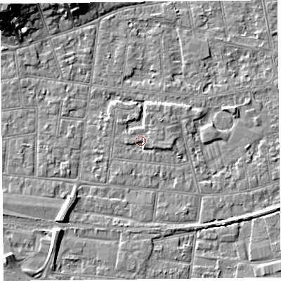 Shaded relief map of the ground around BS233EH, computed from Environment Agency LiDAR. The ground here sits at about 6 m above sea level and falls 15 m across the surrounding 800 m. Surface water reaching this point runs off ground lying to the north-east, 1.3 m higher.