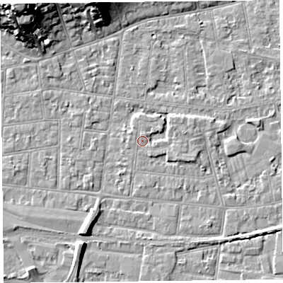Shaded relief map of the ground around BS233EJ, computed from Environment Agency LiDAR. The ground here sits at about 6 m above sea level and falls 21 m across the surrounding 800 m. Surface water reaching this point runs off ground lying to the east, 1.0 m higher.