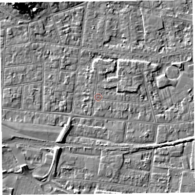 Shaded relief map of the ground around BS233EL, computed from Environment Agency LiDAR. The ground here sits at about 5 m above sea level and falls 10 m across the surrounding 800 m. Surface water reaching this point runs off ground lying to the east-north-east, 1.1 m higher.