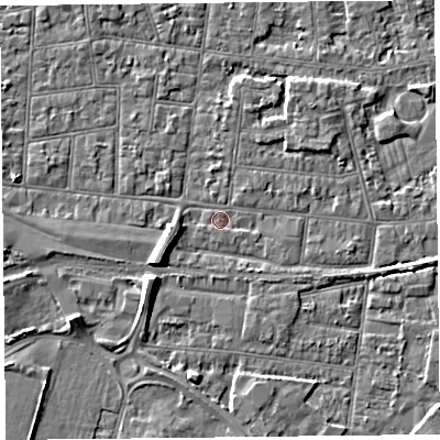 Shaded relief map of the ground around BS233EN, computed from Environment Agency LiDAR. The ground here sits at about 5 m above sea level and falls 6 m across the surrounding 800 m. Surface water reaching this point runs off ground lying to the south-west, 6.2 m higher.