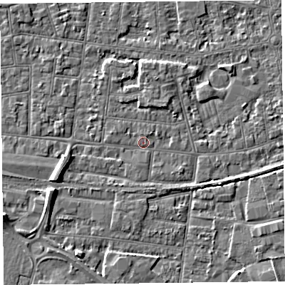 Shaded relief map of the ground around BS233ER, computed from Environment Agency LiDAR. The ground here sits at about 5 m above sea level and falls 6 m across the surrounding 800 m. Surface water reaching this point runs off ground lying to the west-south-west, 6.2 m higher.