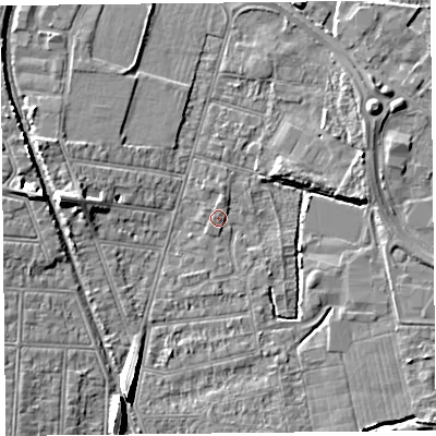 Shaded relief map of the ground around BS233ES, computed from Environment Agency LiDAR. The ground here sits at about 6 m above sea level and falls 8 m across the surrounding 800 m. Surface water reaching this point runs off ground lying to the north-north-east, 1.0 m higher.