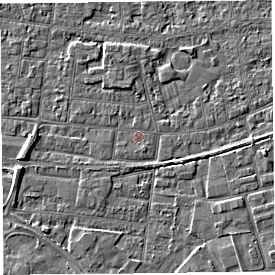 Shaded relief map of the ground around BS233ET, computed from Environment Agency LiDAR. The ground here sits at about 5 m above sea level and falls 6 m across the surrounding 800 m. Surface water reaching this point runs off ground lying to the west, 5.4 m higher.