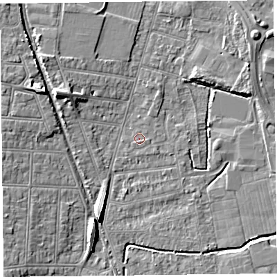 Shaded relief map of the ground around BS233EU, computed from Environment Agency LiDAR. The ground here sits at about 5 m above sea level and falls 8 m across the surrounding 800 m. Surface water reaching this point runs off ground lying to the west-north-west, 6.7 m higher.