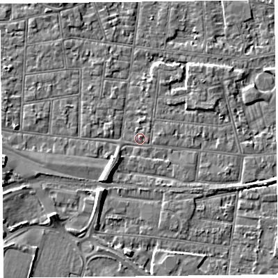 Shaded relief map of the ground around BS233EW, computed from Environment Agency LiDAR. The ground here sits at about 5 m above sea level and falls 6 m across the surrounding 800 m. Surface water reaching this point runs off ground lying to the south-west, 5.9 m higher.