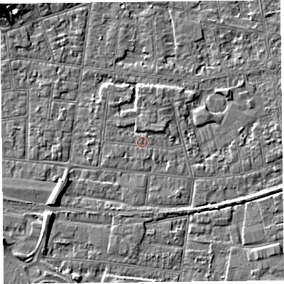 Shaded relief map of the ground around BS233EX, computed from Environment Agency LiDAR. The ground here sits at about 5 m above sea level and falls 7 m across the surrounding 800 m. Surface water reaching this point runs off ground lying to the north-north-east, 1.6 m higher.
