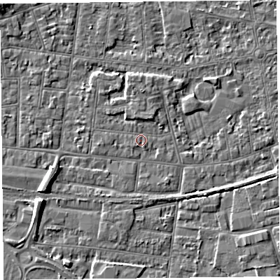 Shaded relief map of the ground around BS233EY, computed from Environment Agency LiDAR. The ground here sits at about 5 m above sea level and falls 6 m across the surrounding 800 m. Surface water reaching this point runs off ground lying to the north, 1.9 m higher.