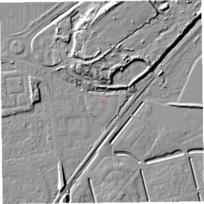 Shaded relief map of the ground around BS233EZ, computed from Environment Agency LiDAR. The ground here sits at about 6 m above sea level and falls 13 m across the surrounding 800 m. The ground contributing surface water to this point lies to the south-south-west.