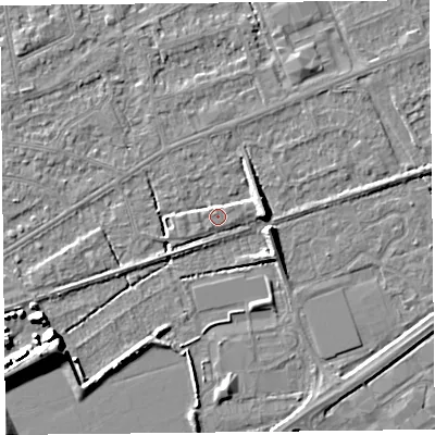 Shaded relief map of the ground around BS233FQ, computed from Environment Agency LiDAR. The ground here sits at about 6 m above sea level and falls 7 m across the surrounding 800 m. Surface water reaching this point runs off ground lying to the east-north-east, 4.2 m higher.