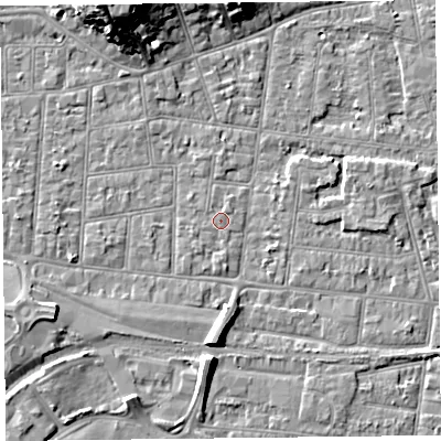 Shaded relief map of the ground around BS233FR, computed from Environment Agency LiDAR. The ground here sits at about 5 m above sea level and falls 15 m across the surrounding 800 m. Surface water reaching this point runs off ground lying to the south, 0.8 m higher.