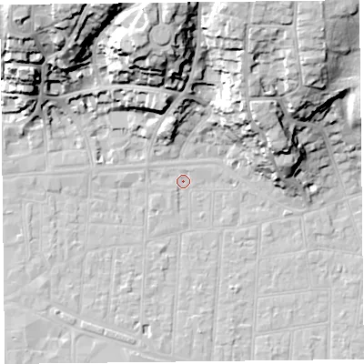 Shaded relief map of the ground around BS233FS, computed from Environment Agency LiDAR. The ground here sits at about 6 m above sea level and falls 36 m across the surrounding 800 m. Surface water reaching this point runs off ground lying to the west-north-west, 1.1 m higher.