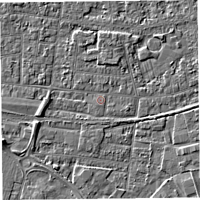 Shaded relief map of the ground around BS233GZ, computed from Environment Agency LiDAR. The ground here sits at about 5 m above sea level and falls 6 m across the surrounding 800 m. Surface water reaching this point runs off ground lying to the south-south-east, 0.5 m higher.