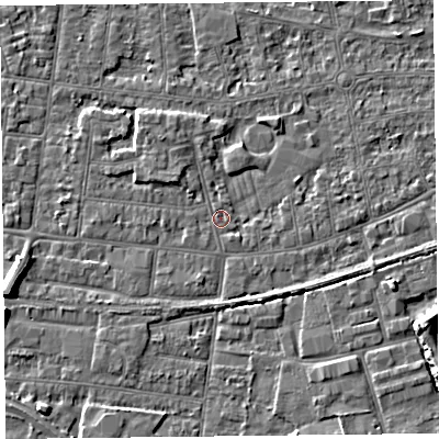 Shaded relief map of the ground around BS233HA, computed from Environment Agency LiDAR. The ground here sits at about 5 m above sea level and falls 6 m across the surrounding 800 m. Surface water reaching this point runs off ground lying to the west-south-west, 5.5 m higher.