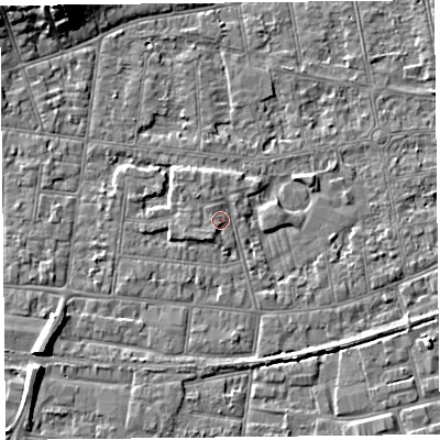 Shaded relief map of the ground around BS233HB, computed from Environment Agency LiDAR. The ground here sits at about 6 m above sea level and falls 10 m across the surrounding 800 m. Surface water reaching this point runs off ground lying to the north-west, 1.4 m higher.