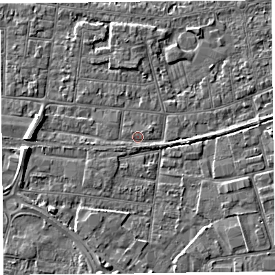 Shaded relief map of the ground around BS233HD, computed from Environment Agency LiDAR. The ground here sits at about 5 m above sea level and falls 6 m across the surrounding 800 m. Surface water reaching this point runs off ground lying to the south-west, 0.8 m higher.