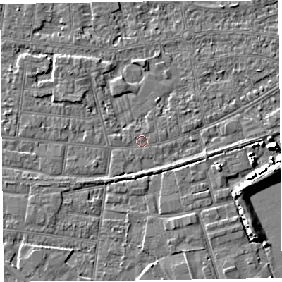 Shaded relief map of the ground around BS233HE, computed from Environment Agency LiDAR. The ground here sits at about 5 m above sea level and falls 7 m across the surrounding 800 m. The ground contributing surface water to this point lies to the north-north-east.